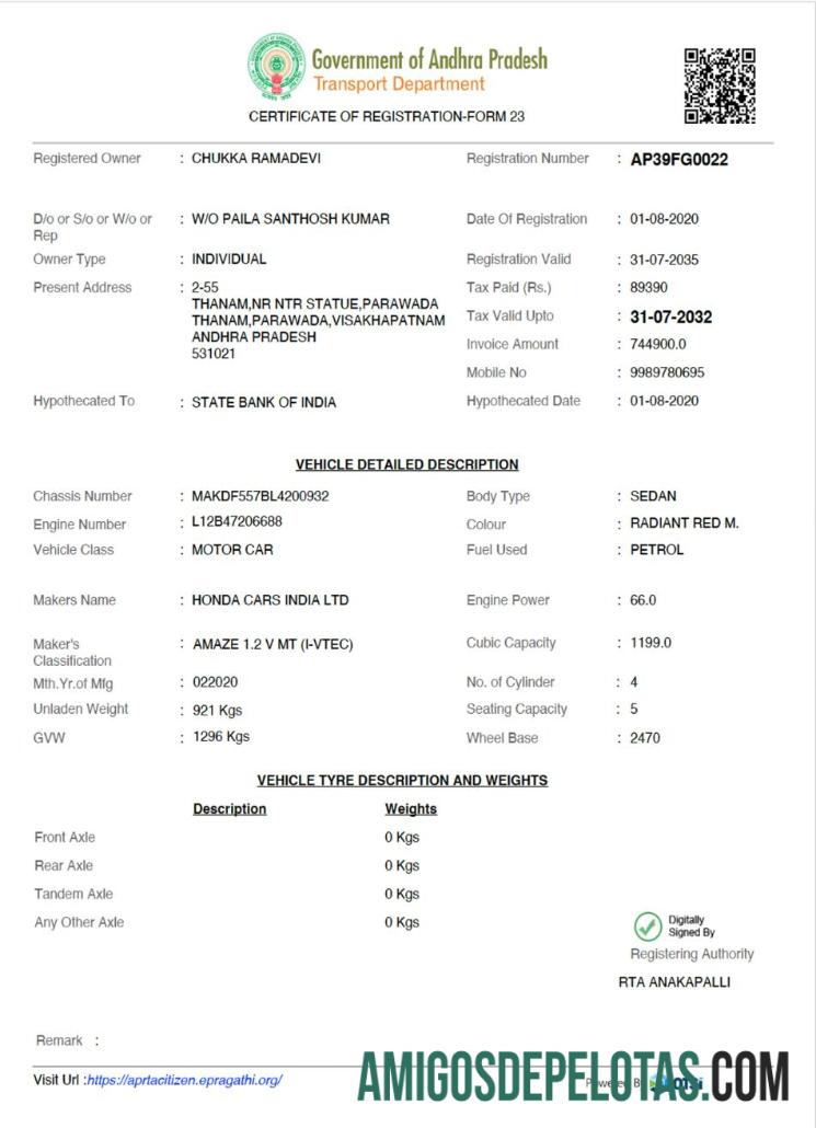 Exemplo de certificado de registro de veículo do estado de Andhra Pradesh na Índia